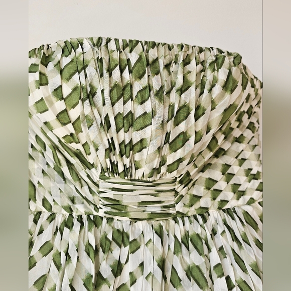 SUZI CHIN Strapless Corset Green and White Silk Dress Ruched Size M 10 - Picture 3 of 12